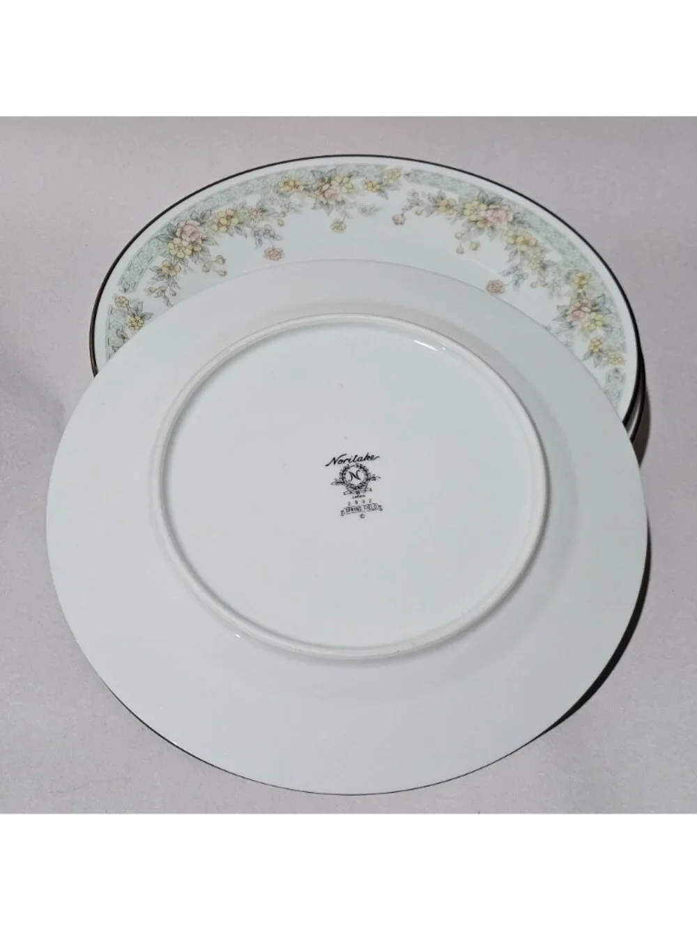 4 Noritake Spring Field Dinner Plates delicate flowers vtg Japan silver rim gree